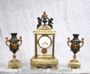 العتيقة الإمبراطورية اونيكس المذهبة ساعة مجموعة التحفة الفنية شروق Garniture